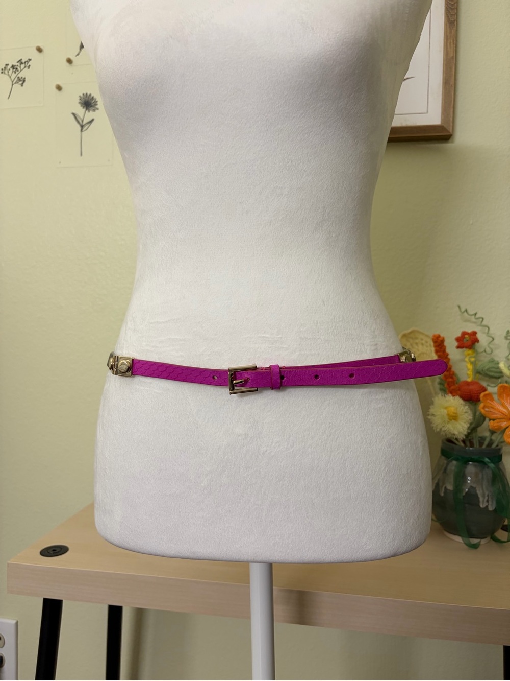 J.Crew Genuine Leather Skinny Belt Pink Taupe Gray Gold Hardware Size S